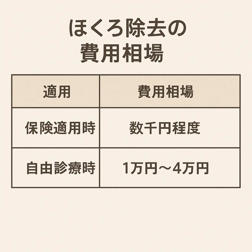 ほくろ除去の保険適用時と自由診療時の費用相場を比較した表。