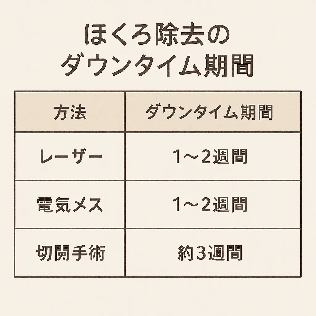 ほくろ除去のレーザー、電気メス、切開手術ごとのダウンタイム期間を比較した表。