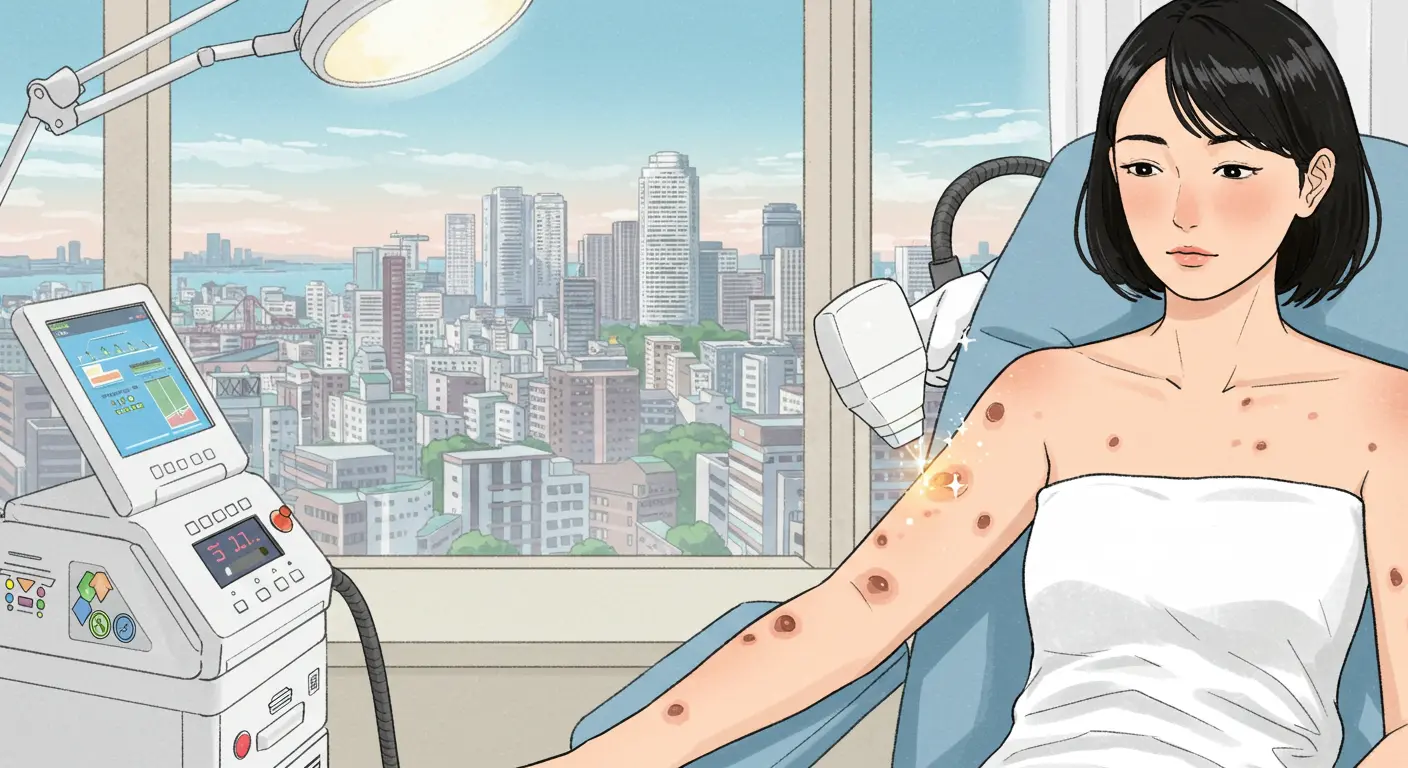 大阪の街並みを背景に、ほくろ除去のレーザー治療を受けている人物のイラスト。複数のほくろが消えていく様子