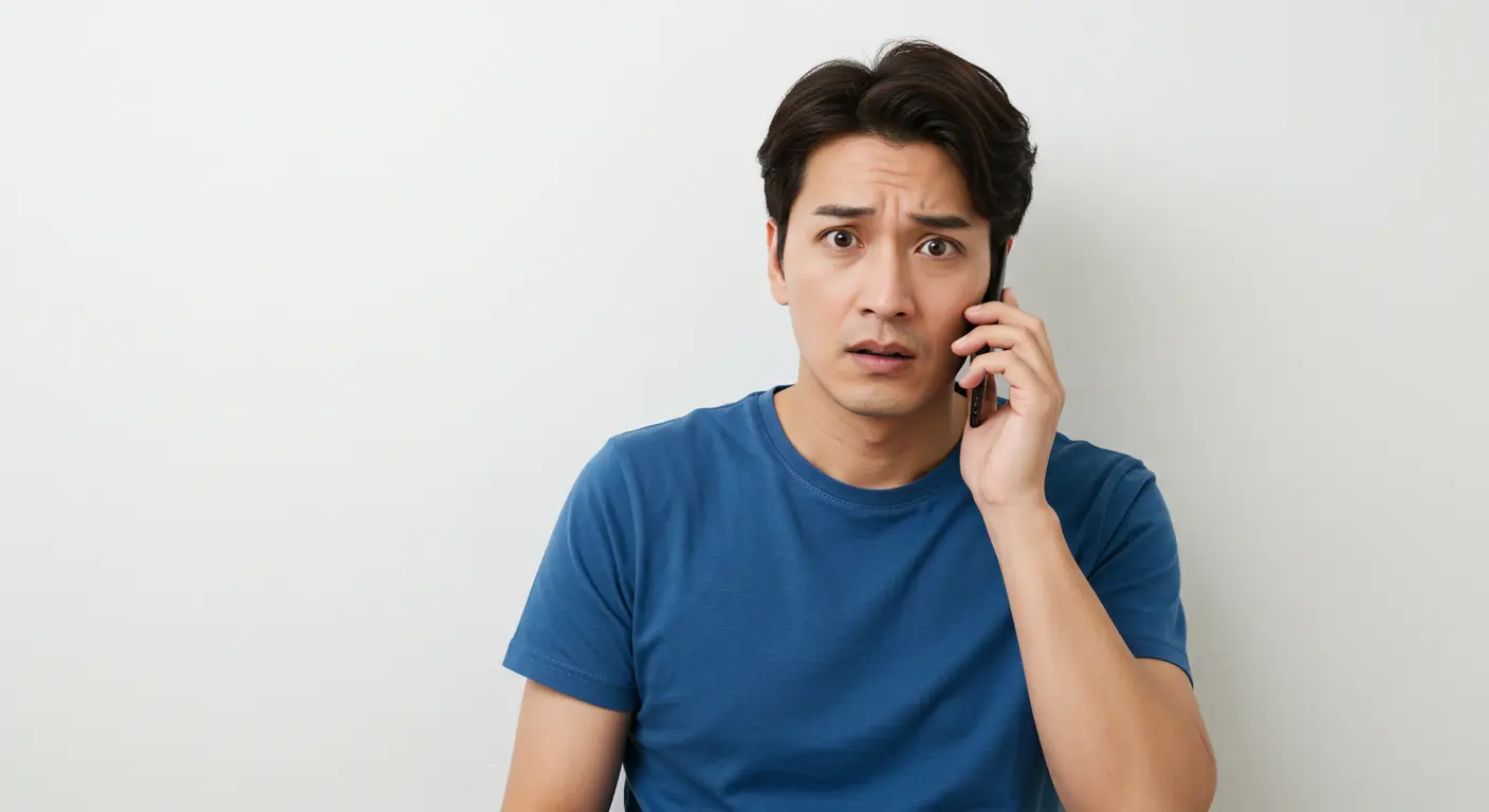 シミ取りレーザーの施術を受けたクリニックに電話で相談している人物。
