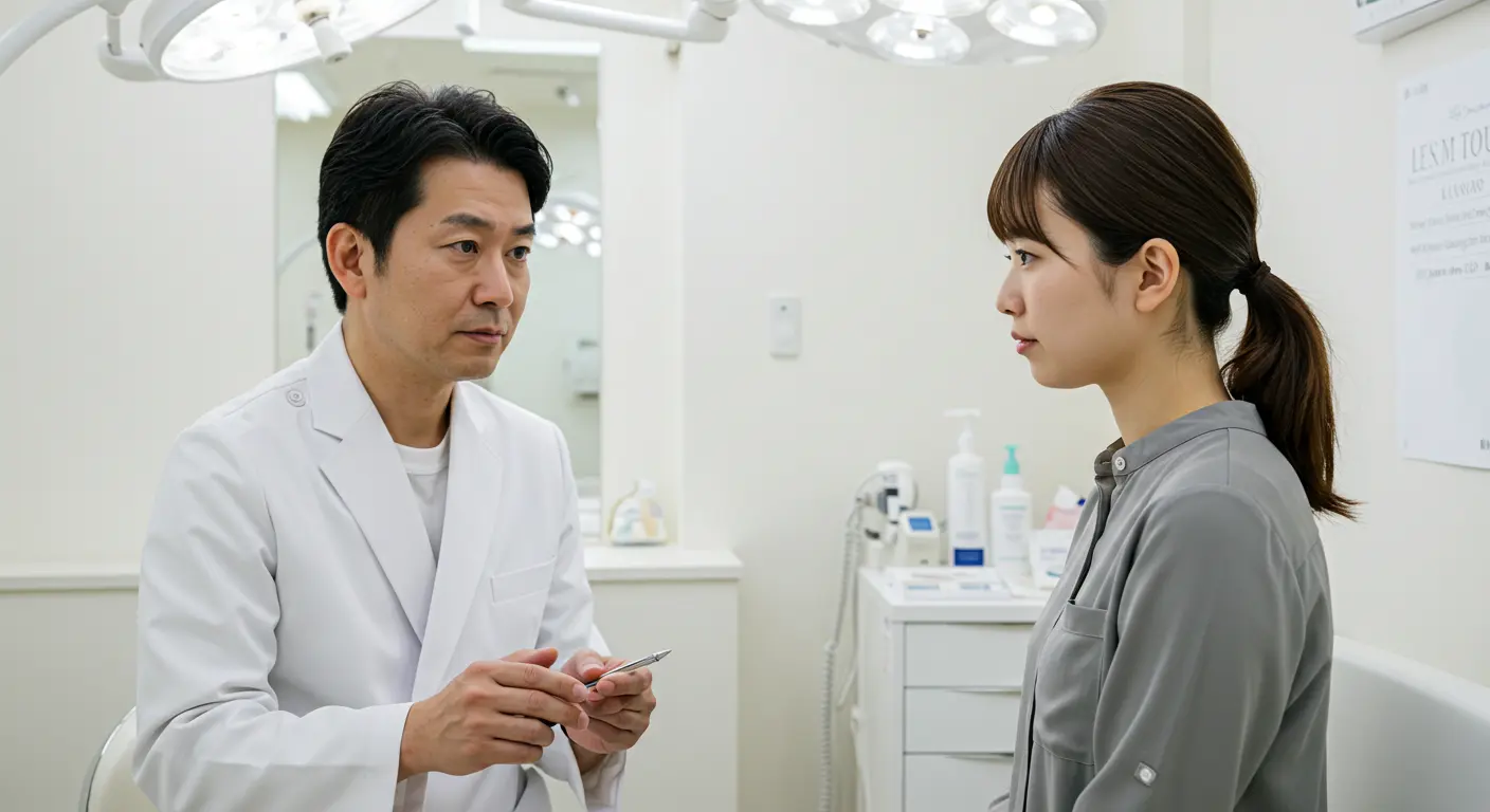 シミ取りレーザー後の状態について、医師と患者が真剣に話し合っている。