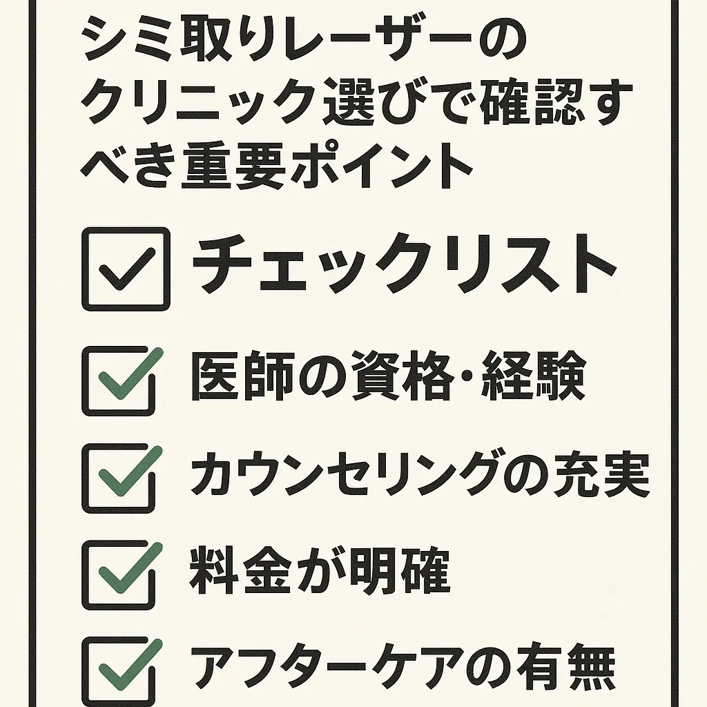 シミ取りレーザーのクリニック選びで確認すべき重要ポイントのチェックリスト。