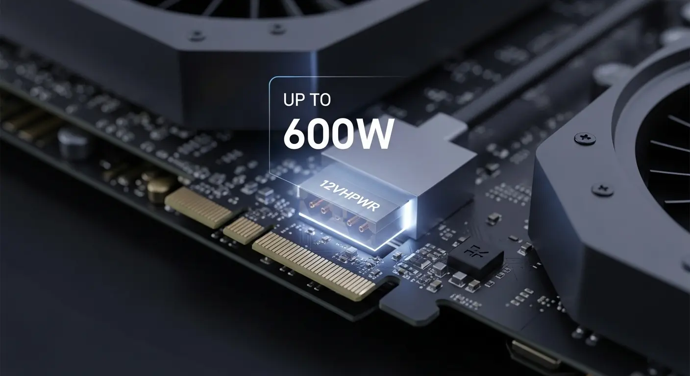 PCIe Gen 5の12VHPWRコネクタがGPUに接続されている様子