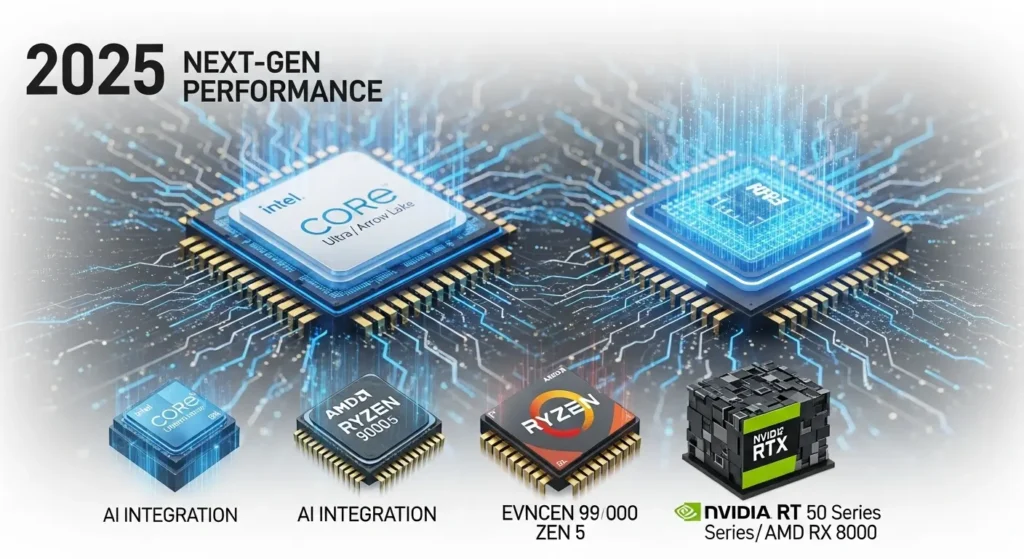 2025年の最新CPU(Intel Core Ultra, AMD Ryzen 9000)とGPU(NVIDIA RTX 50シリーズ, AMD RX 8000シリーズ)のトレンドと将来性を示すグラフィック。