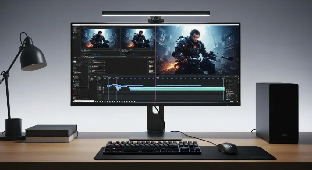 動画編集作業とゲームプレイに最適な31.5インチの大型ゲーミングモニターが設置されたデスク環境。