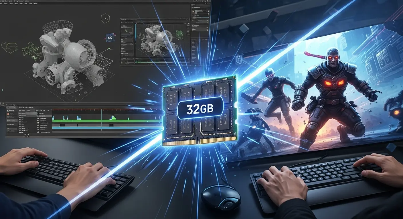 32GBメモリのPCで、4K動画編集や最新のPCゲームを快適に楽しんでいる様子。