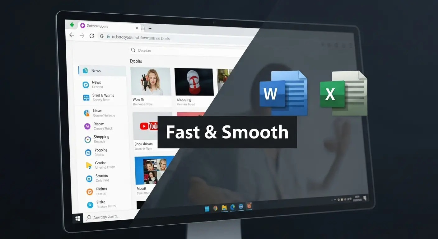 8GBメモリのパソコンで、複数のWebブラウザタブを開いたり、WordやExcelなどのOfficeソフトを使用したりしている様子。