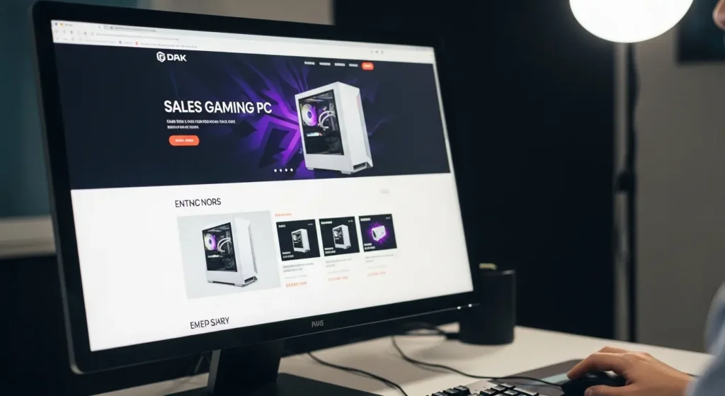 白いゲーミングPCが紹介されているウェブサイトを閲覧する様子