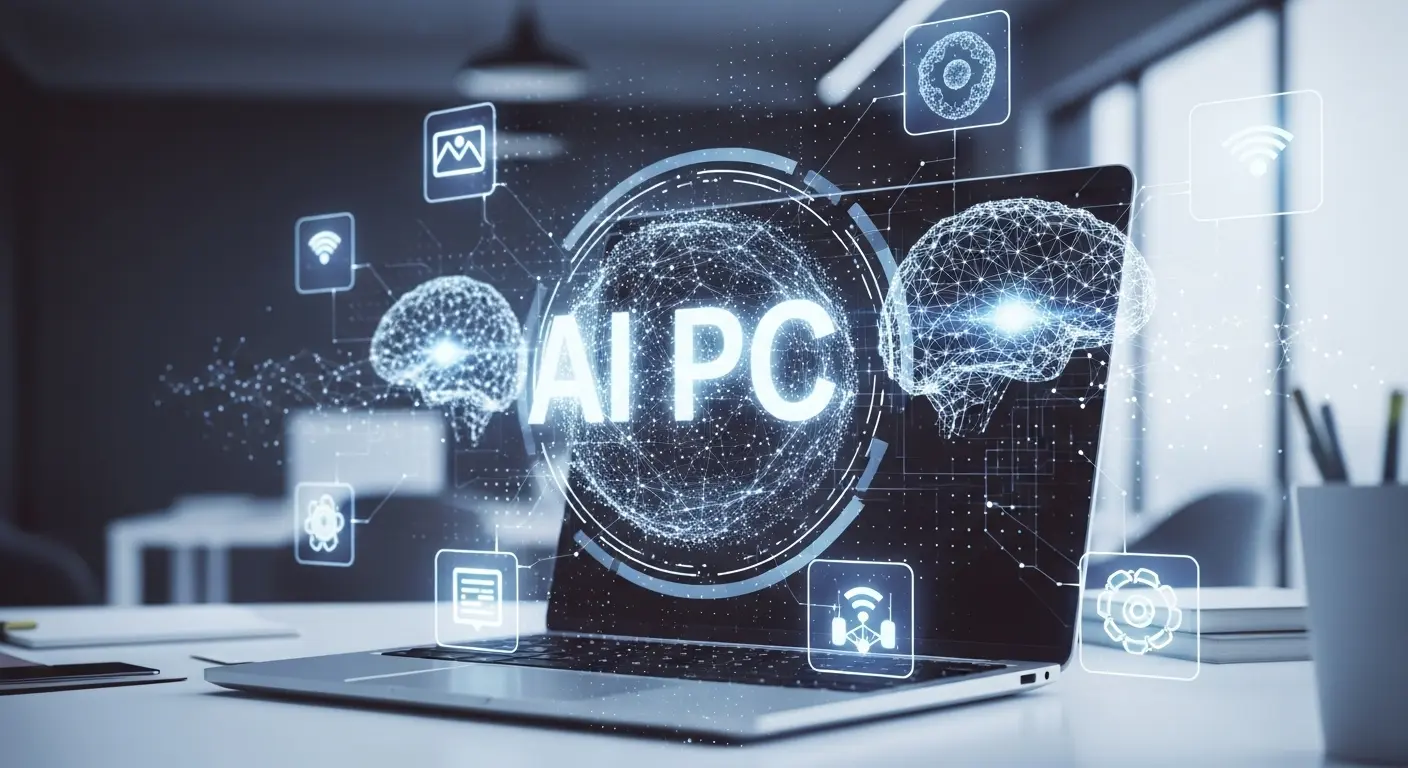 AIが搭載された未来的なパソコンのイメージ。