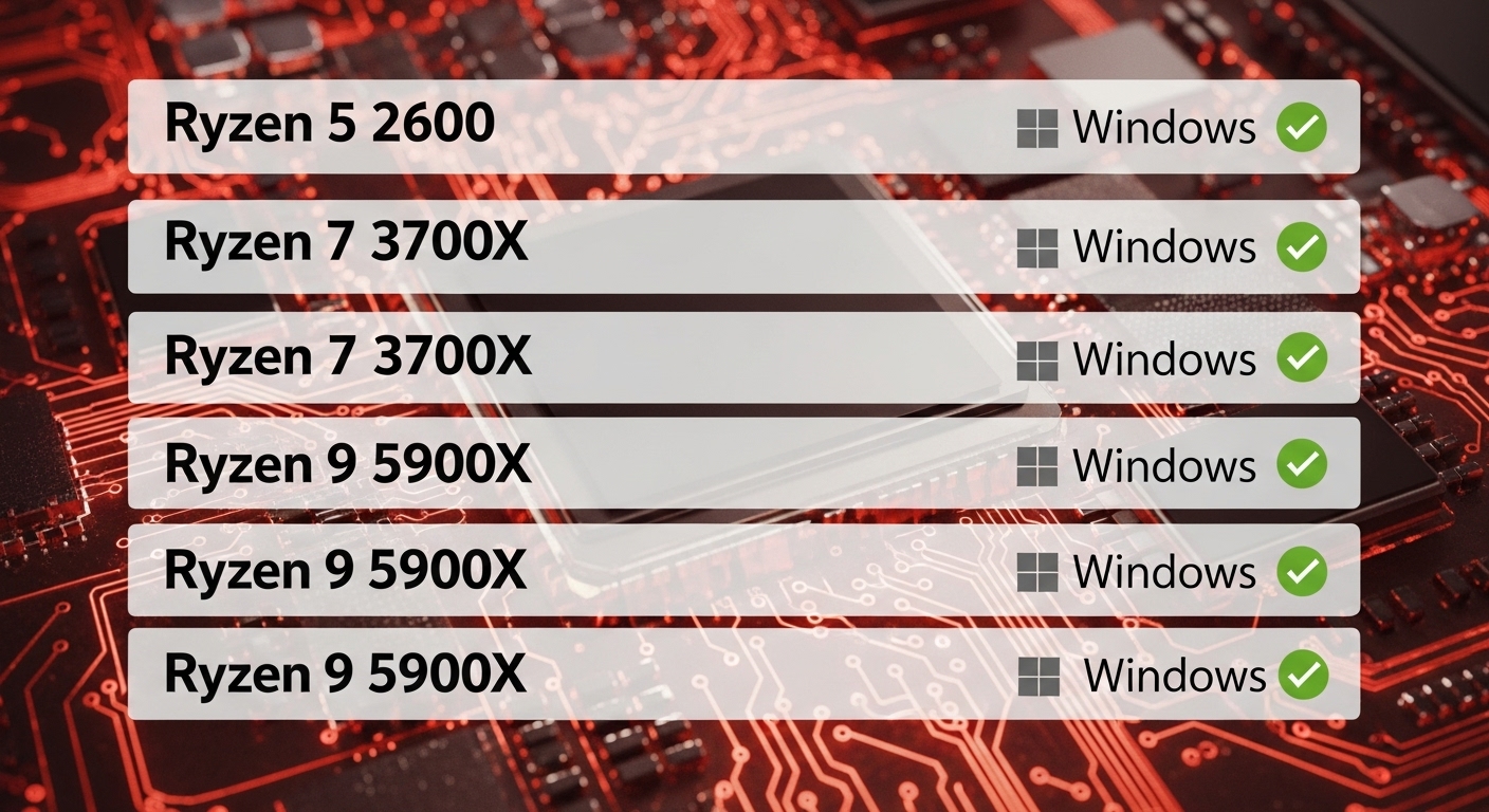 Windows 11に対応するAMD RyzenシリーズのCPUモデルを一覧表示した画像。