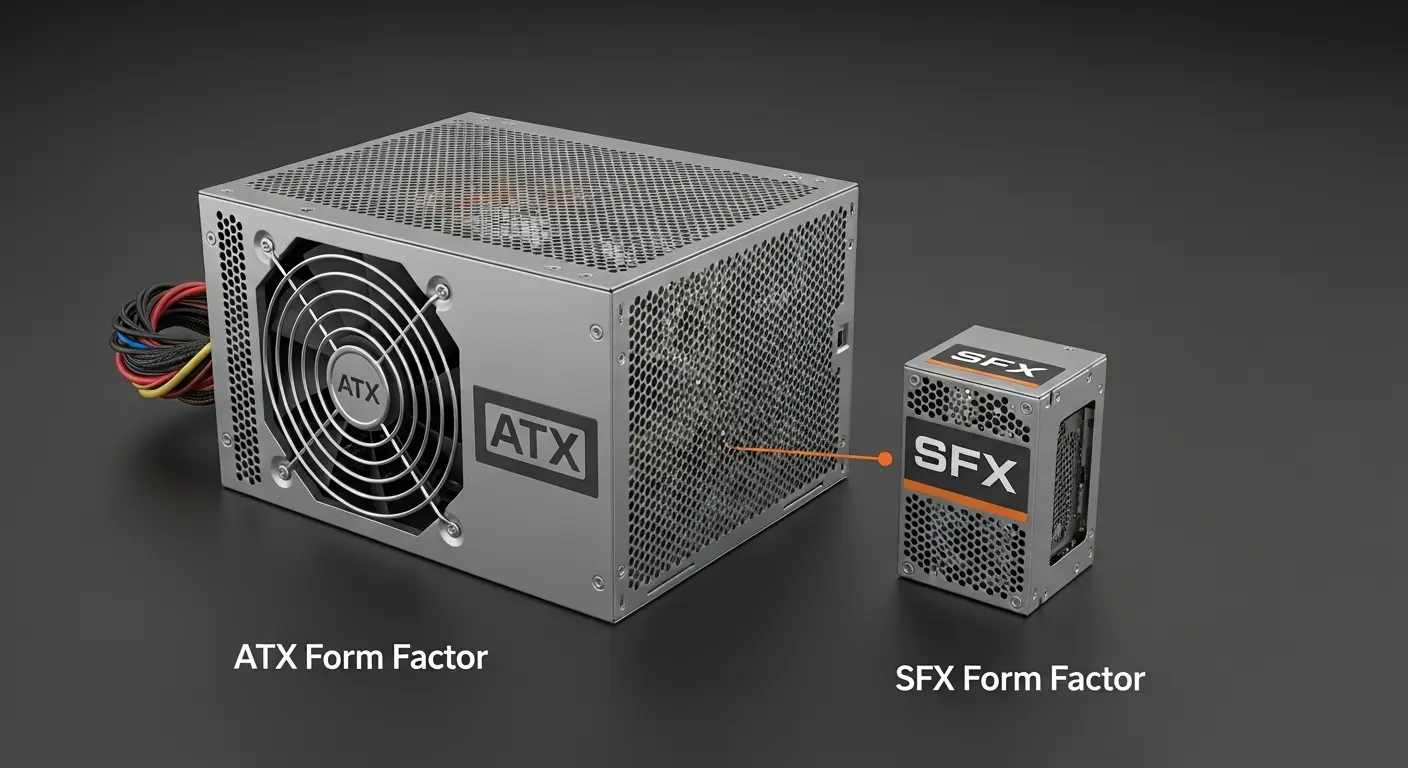 ATX電源とSFX電源のサイズと形状の比較。