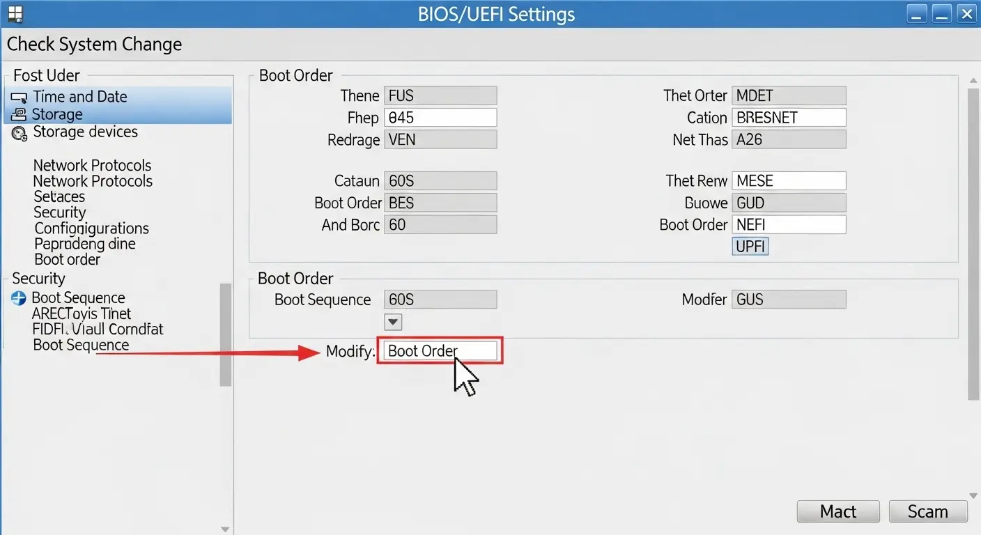 パソコンのBIOS/UEFI設定画面で、システムの基本設定や起動順序などを確認・変更する様子。