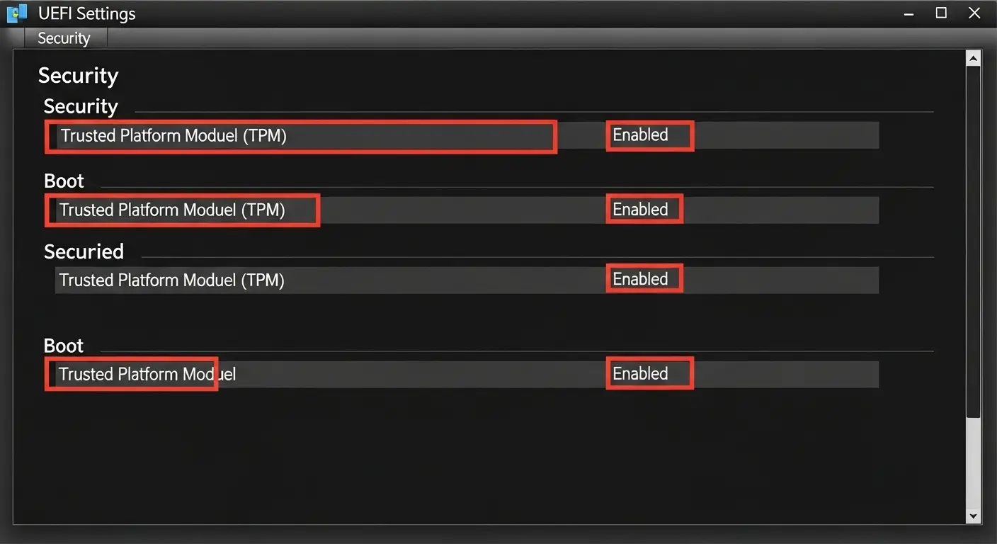 BIOS/UEFI設定画面で、TPM 2.0とセキュアブートの項目を有効化している様子。