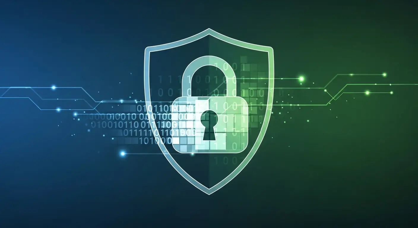 BitLockerによるデータ暗号化の概念を示すデジタルな盾とロックアイコン。