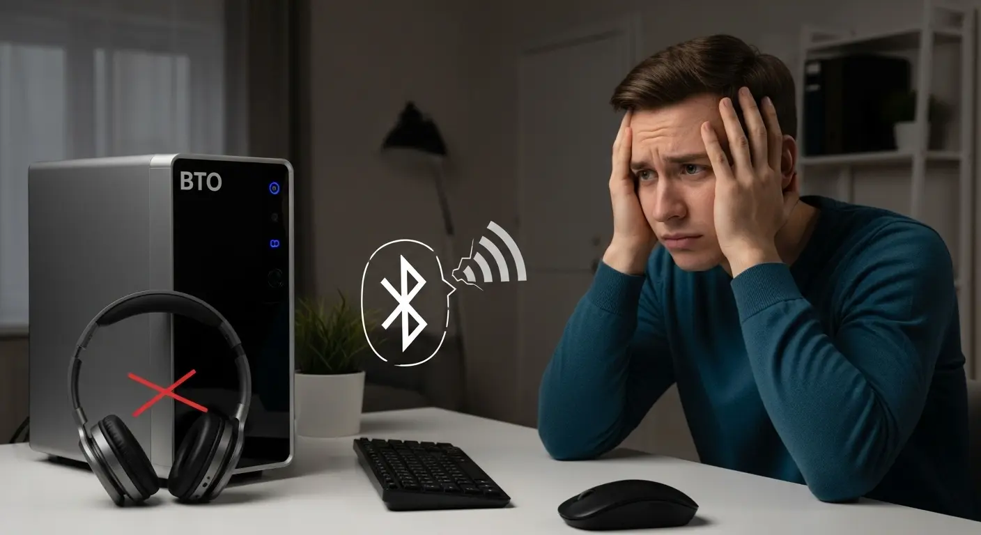 BTOパソコンでBluetooth機器が繋がらず困っている人のイラスト。