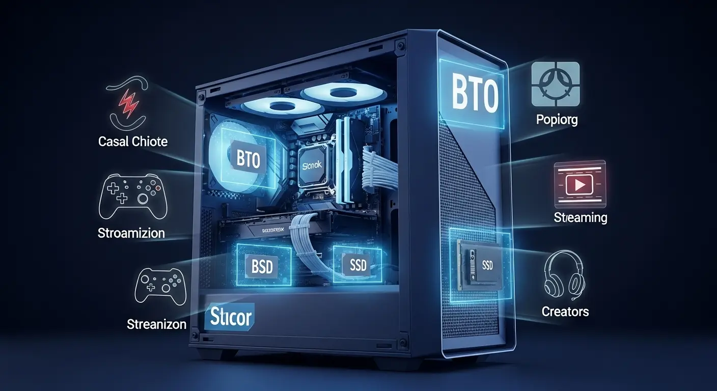 BTOパソコンのカスタマイズ性を表現した、様々なPCパーツが輝くイラスト。