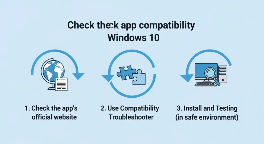 Windows 10でアプリの互換性を確認する3つの主な方法(公式サイト確認、互換性トラブルシューティング、テストインストール)を示す図。