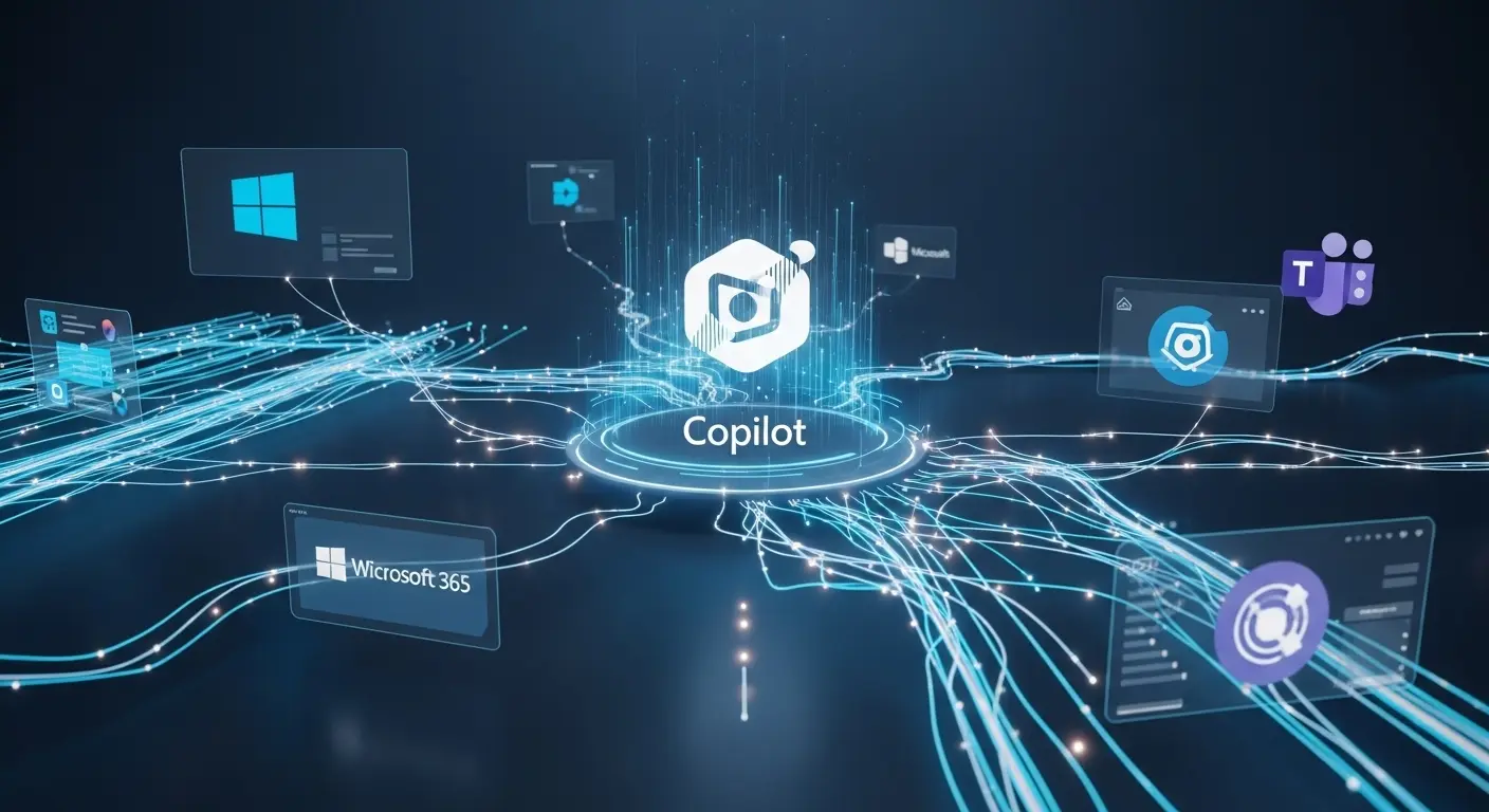 2025年のMicrosoft Copilotの最新情報を表現した、進化するCopilotアイコンとMicrosoft製品が連携する未来的なイメージ。