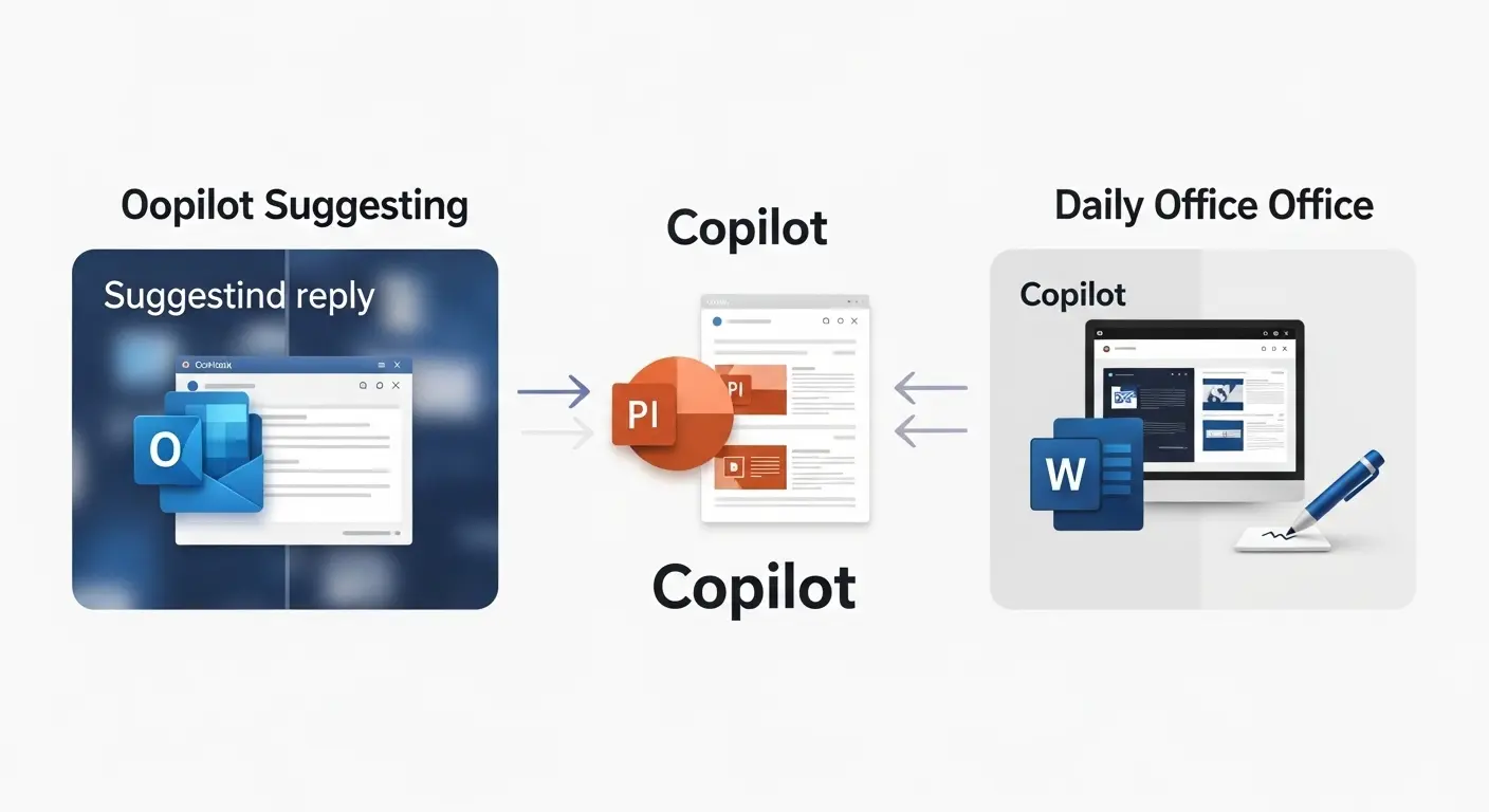 CopilotがOutlookでメール返信を提案し、PowerPointでプレゼンテーション資料を生成し、Wordでコンテンツを作成している日常業務の効率化事例。