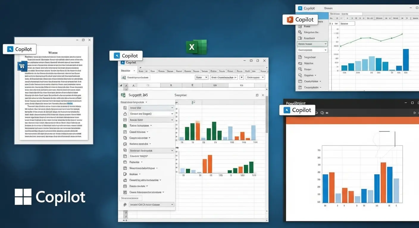 CopilotがMicrosoft 365のWord、Excel、PowerPointなどのアプリと連携し、文書作成やデータ分析を支援している様子。