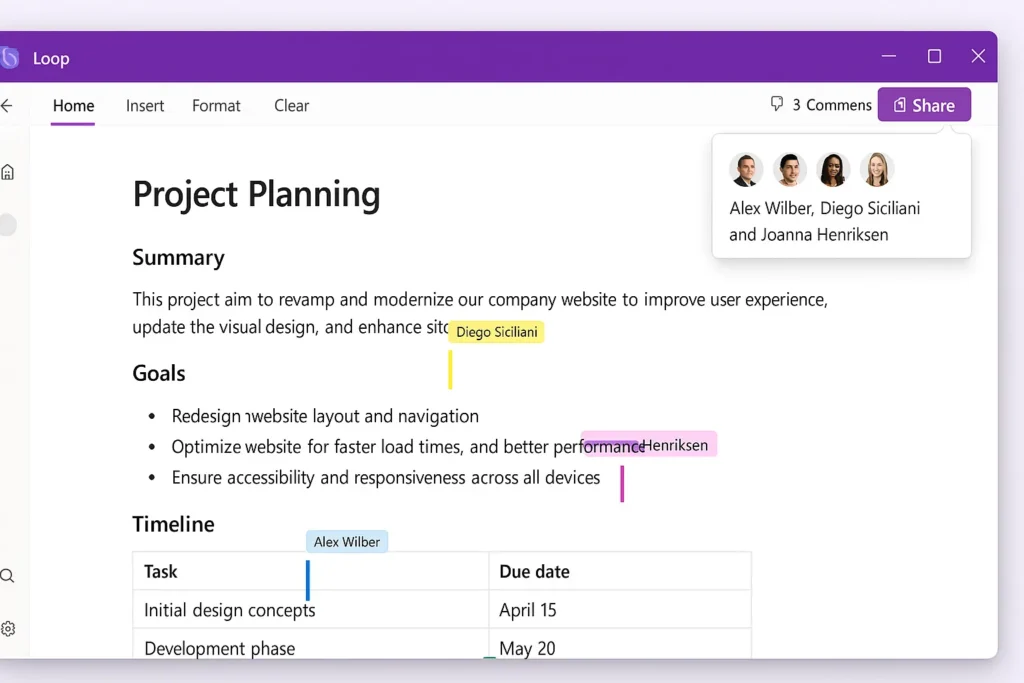 Copilot Pagesで複数のユーザーがリアルタイムで共同編集している様子。