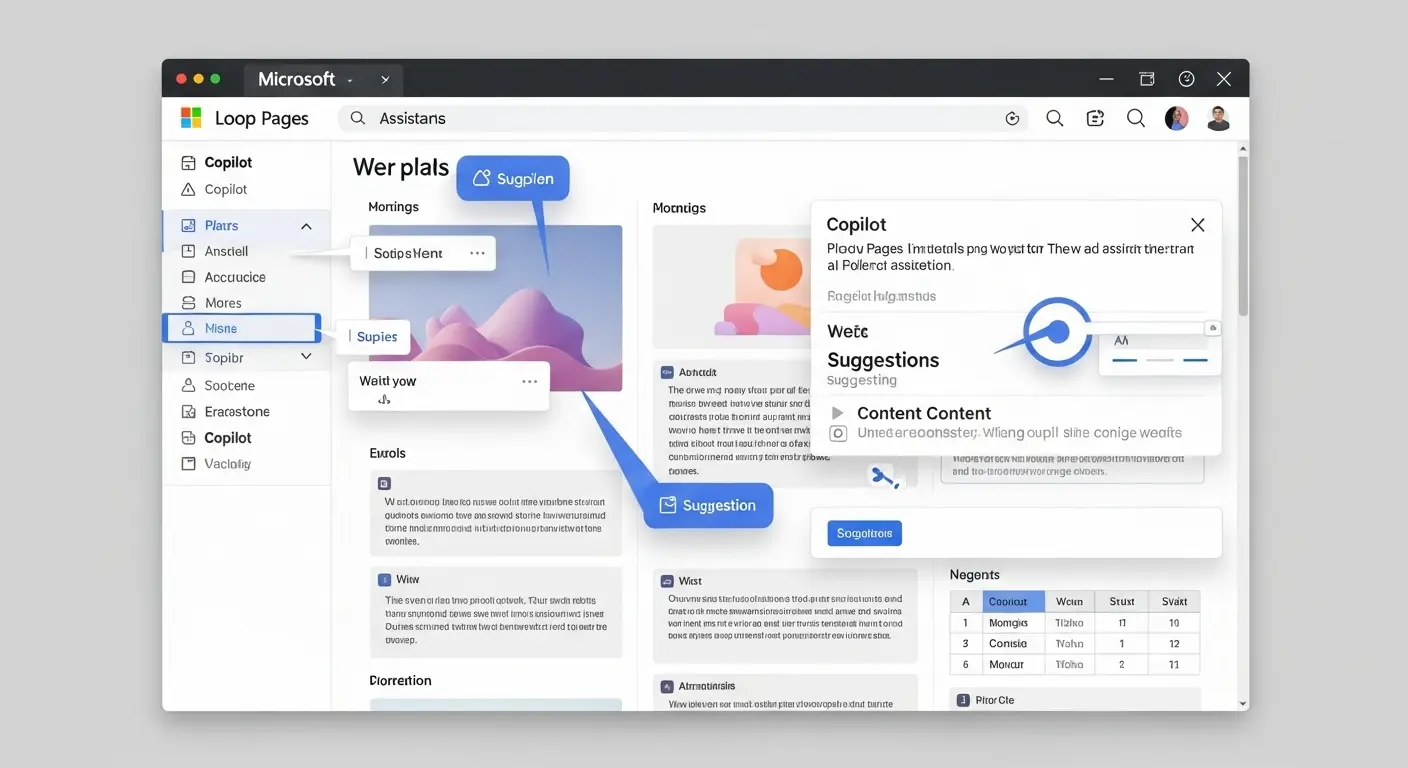 Microsoft Loop Pagesの画面でCopilotがコンテンツ作成や編集を支援している様子。