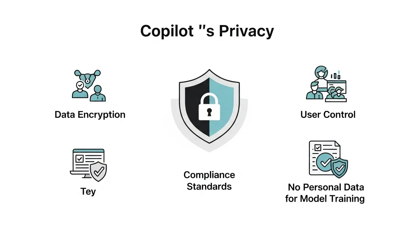 Copilotのデータ暗号化、ユーザーコントロール、コンプライアンス遵守など、プライバシーとセキュリティ対策を示すインフォグラフィック。