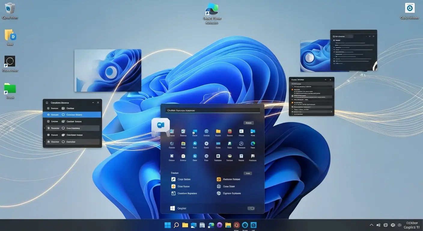 CopilotがWindows 11のシステム設定、ファイルエクスプローラー、アプリケーションと深く統合され、OSレベルでの自動化を行っている様子。