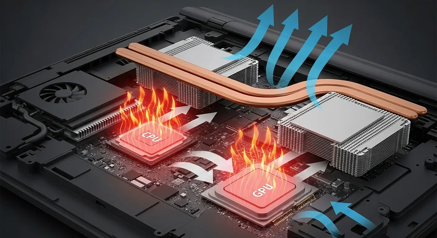 ゲーミングノートPC内部のCPUとGPUからの発熱とその冷却の仕組み。