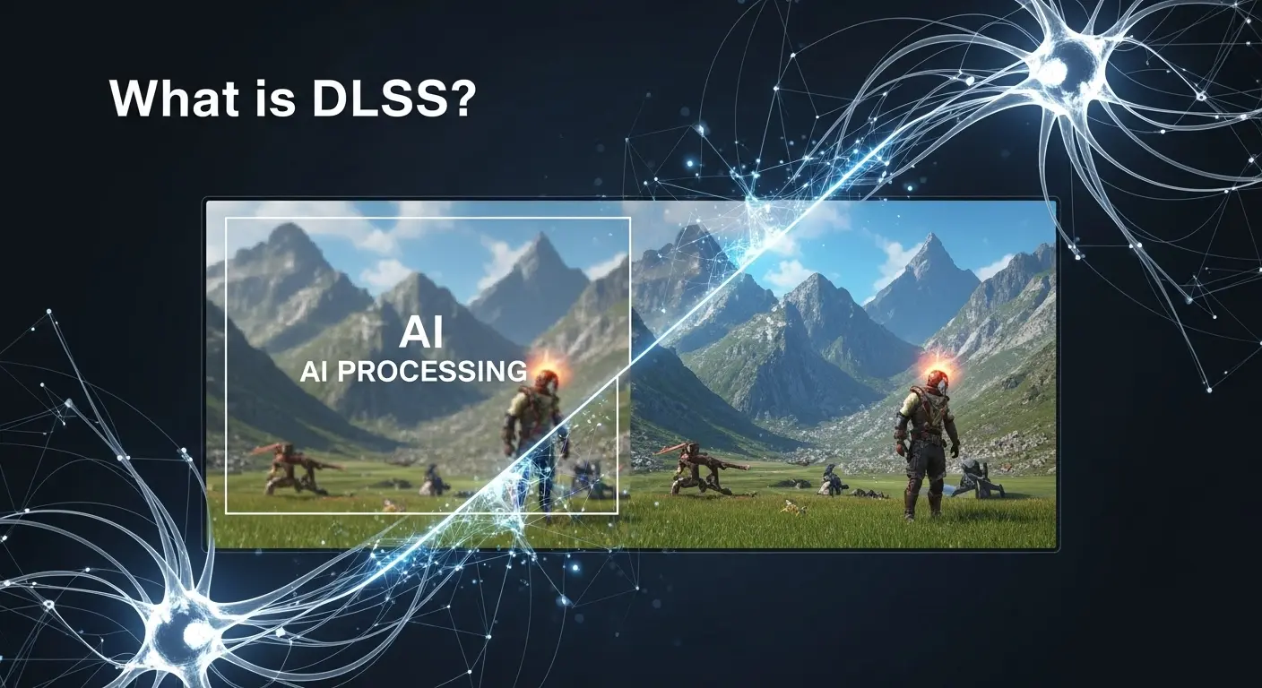 DLSSによる低解像度から高解像度へのAIアップスケーリングの比較イメージ。
