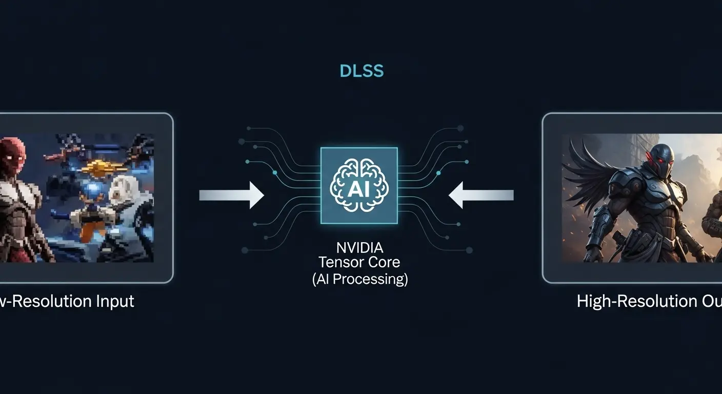 DLSSの基本概念図:AIによる低解像度からの超解像。