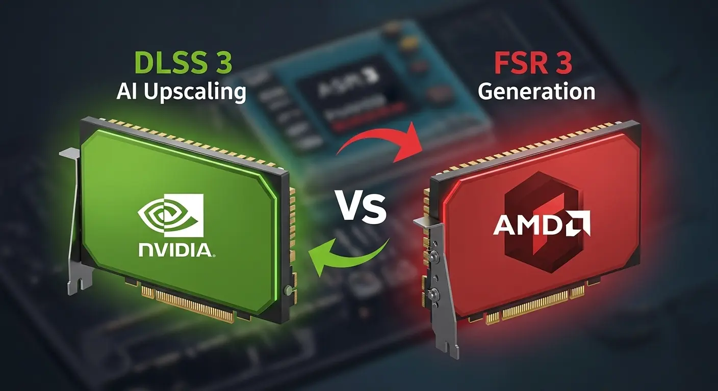 DLSS 3とFSR 3のアップスケーリング技術の比較図。