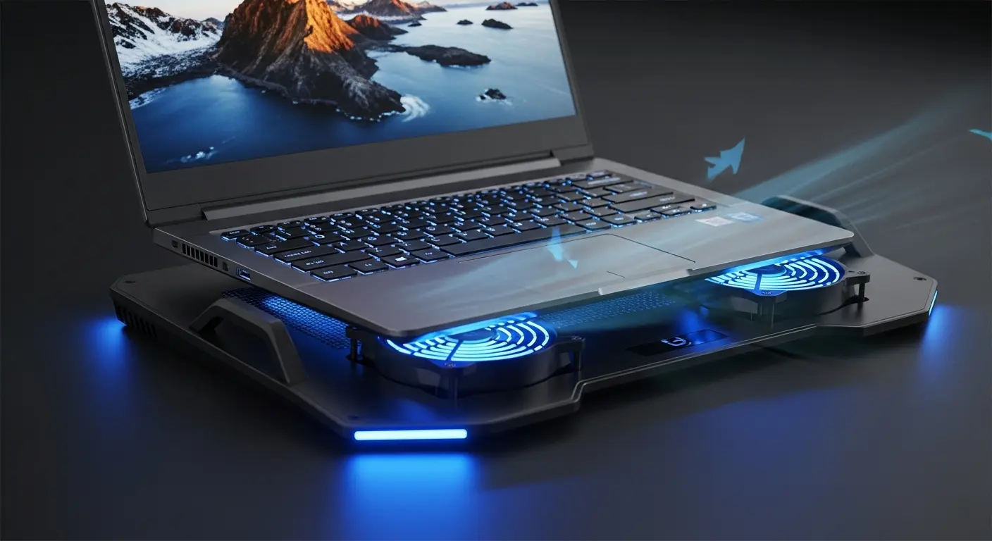 ゲーミングノートPCを冷却パッドに置いて使用している様子。