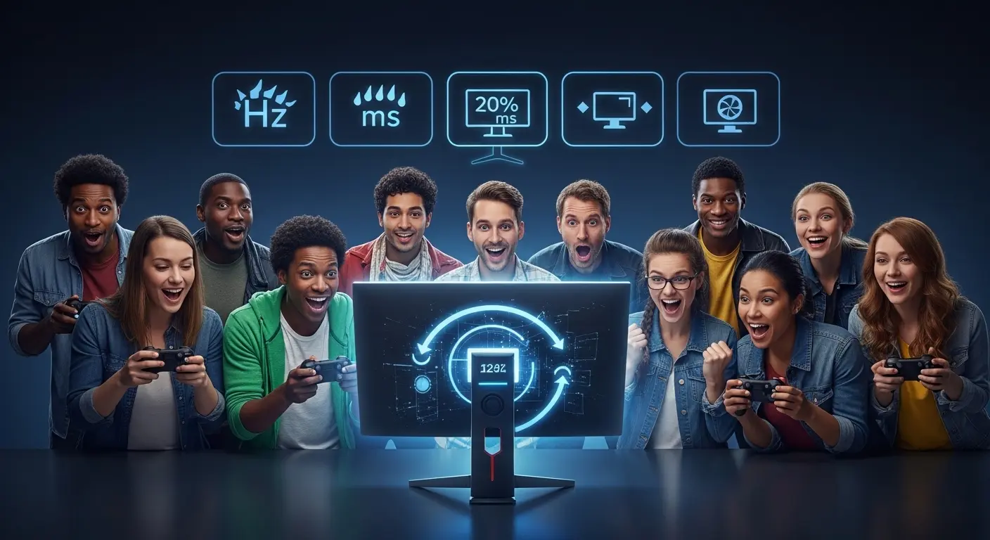 様々なゲーマーが、自分に最適なゲーミングモニターを見つけ、最高のゲーム体験を実現する様子。
