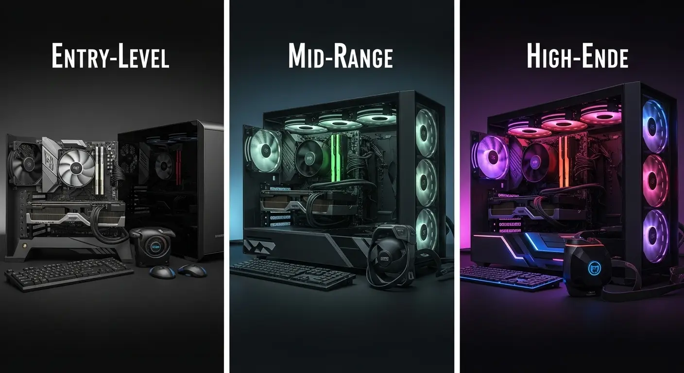 フォートナイトをプレイするための予算別ゲーミングPC構成例(エントリー、ミドル、ハイエンド)。