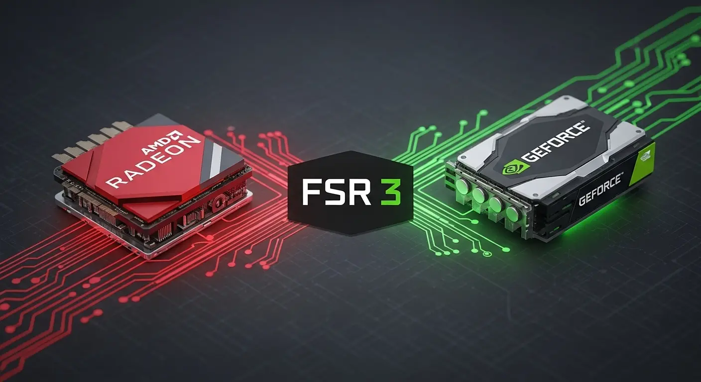 AMD FSR 3が異なるGPUメーカー間でも利用できる汎用性を示すイメージ。