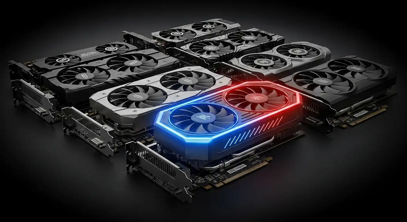 複数種類のグラフィックボードが並べられ、中央に高性能GPUが光る様子