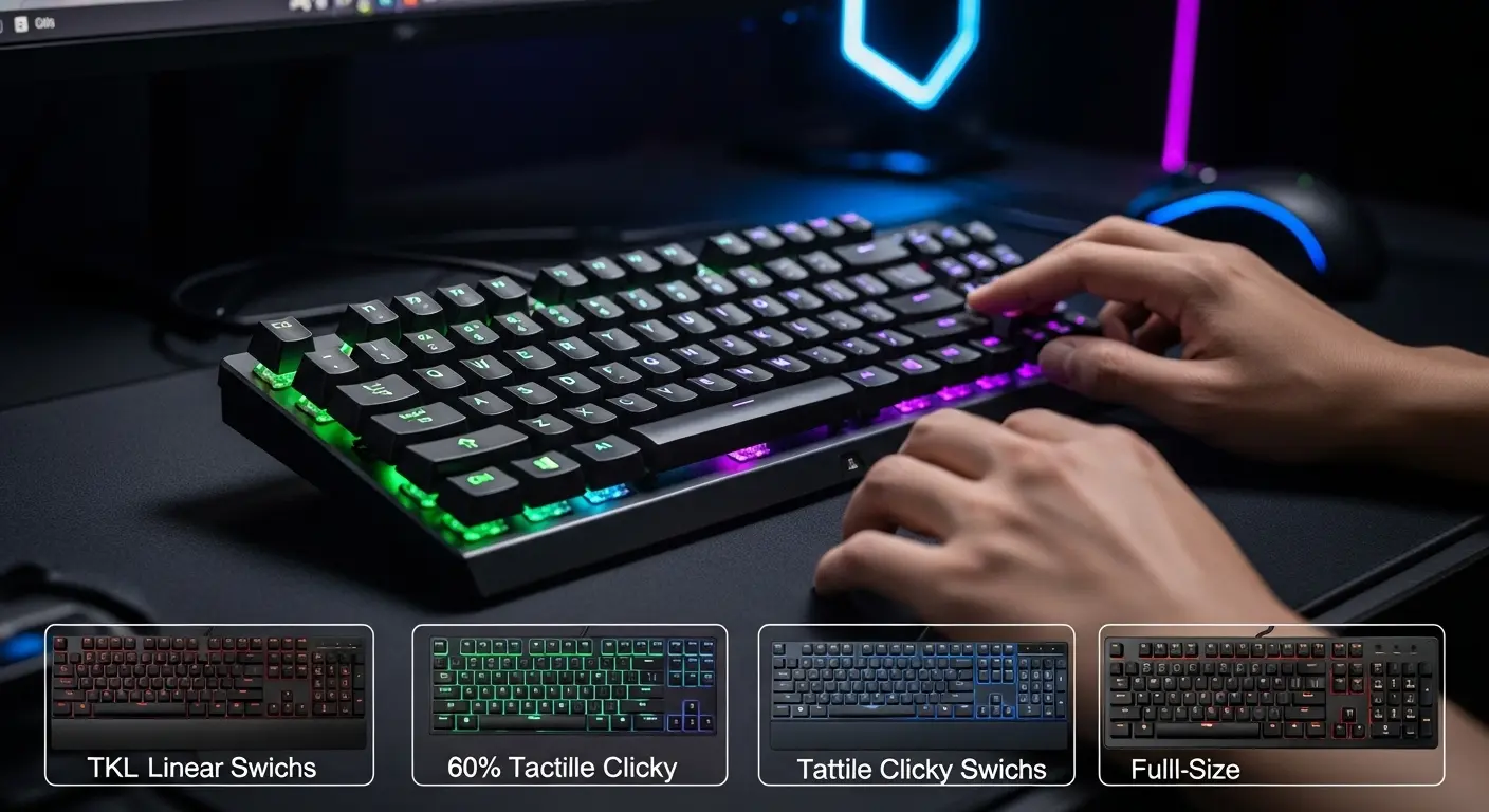 様々なゲーミングキーボードが並べられ、それぞれの特徴が強調された画像。メカニカル、TKL、60%など多様なタイプを網羅。