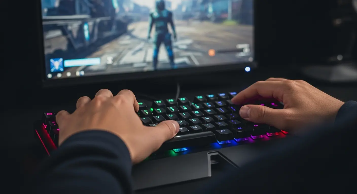 ゲーミングキーボードを操作し、ゲームで勝利を収めたゲーマーの達成感を表す画像。