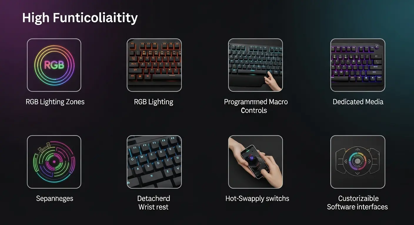 ゲーミングキーボードが持つ様々な便利機能とカスタマイズ性(RGB、マクロ、メディアキー、リストレスト、ホットスワップなど)を視覚的に示した画像。