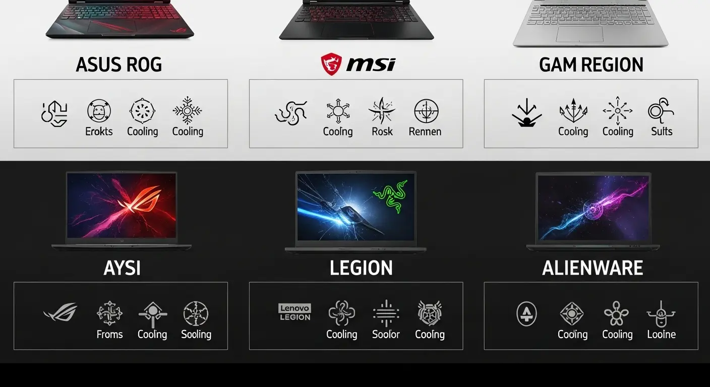主要ゲーミングノートPCメーカー(ASUS ROG, MSI, Razer, Lenovo Legion, Alienware)の冷却技術比較。