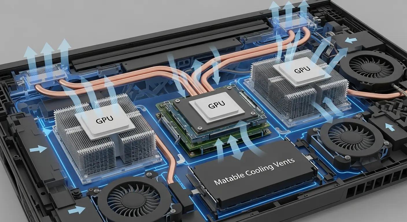 ゲーミングノートPC内部の冷却システム構成図(ヒートパイプ、ヒートシンク、ファン)。