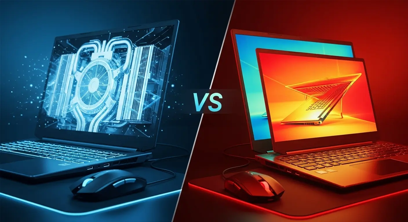 ゲーミングノートPCの冷却性能を比較するイメージ。内部のヒートパイプや放熱性を示す図。