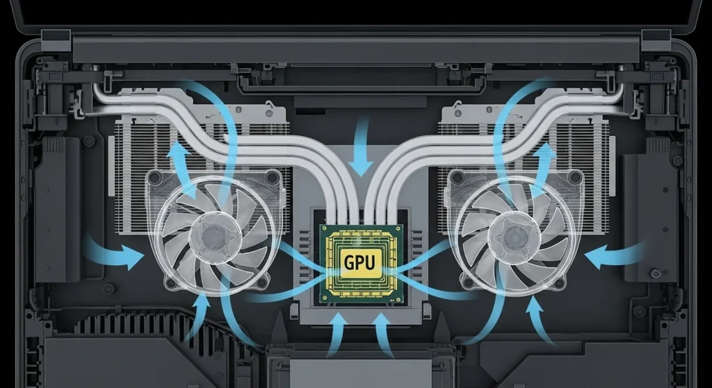 ゲーミングノートPCの内部冷却ファンの構造と配置、CPU/GPUとの関係。