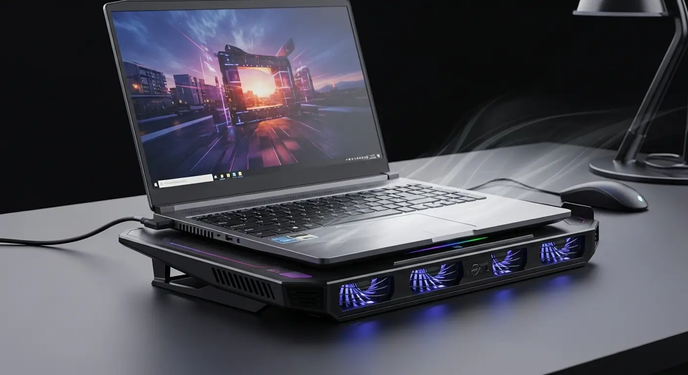 ゲーミングノートPCを冷却パッドに置いて冷却効果を高めている様子。