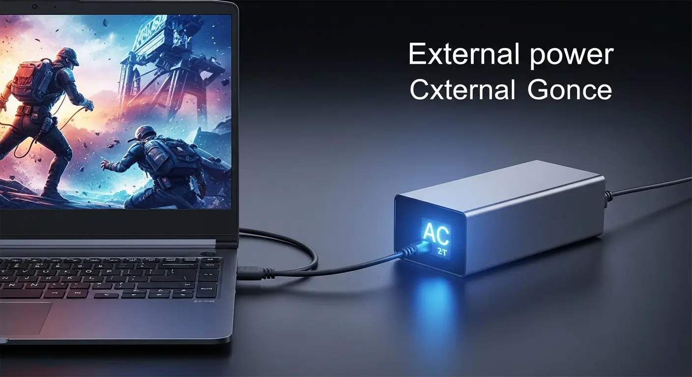 ゲーミングノートPCのACアダプターが電源ユニットの役割を果たす様子。