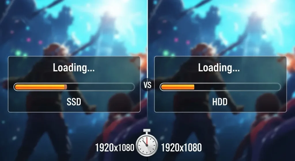 SSDとHDDでのゲームロード時間の比較。