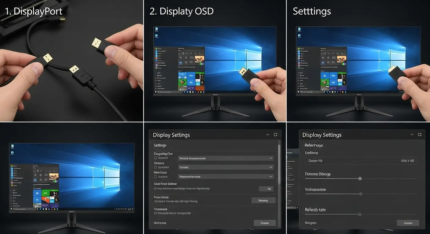 ゲーミングモニターのPCへの接続方法と、Windowsでのリフレッシュレート設定、モニターOSD設定の基本を示すガイド。
