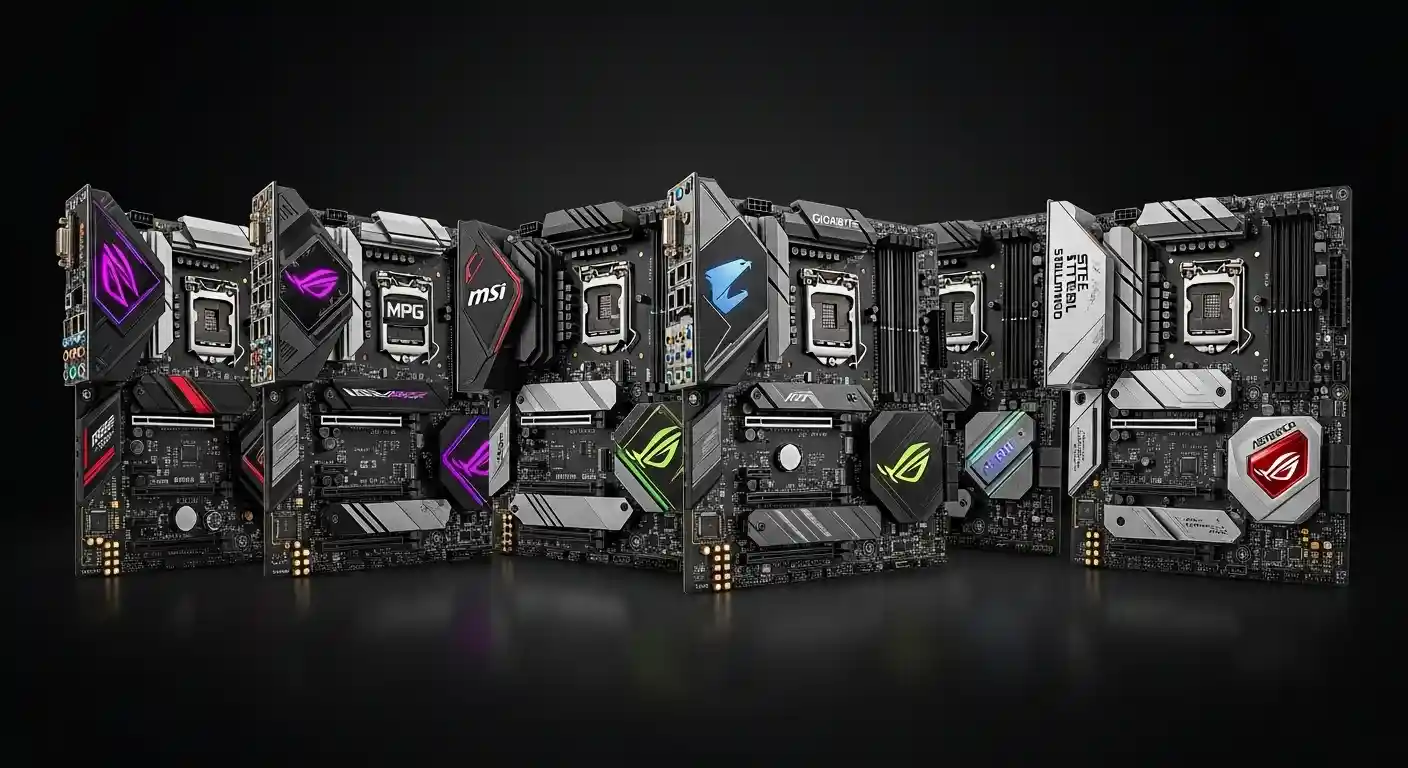 複数種類のゲーミングマザーボードが並べられた集合写真