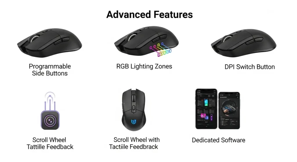 ゲーミングマウスの様々な便利機能とカスタマイズ性(多ボタン、DPIスイッチ、RGB、ソフトウェアなど)を視覚的に示した画像。